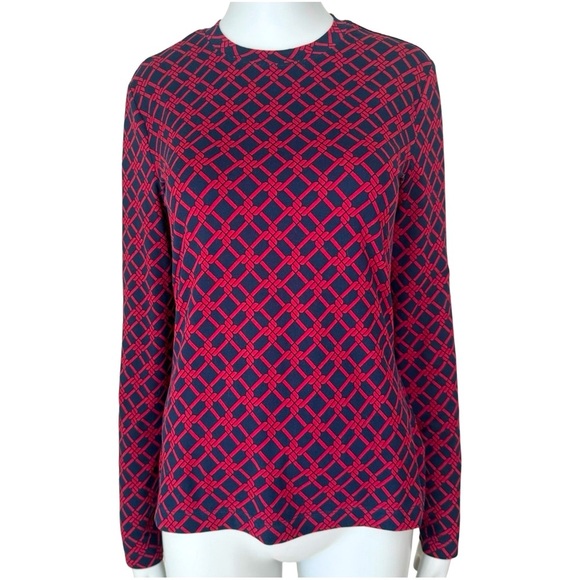 Brooks Brothers Tops - BROOKS BROTHERS Knit Top Long Sleeve Trellis Print Round Neck Red Navy Blue